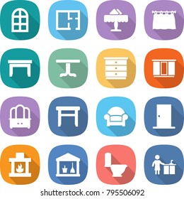 flat vector icon set - arch window vector, plan, restaurant, curtain, table, chest of drawers, wardrobe, dresser, stool, armchair, door, fireplace, utility room, toilet, kitchen cleaning