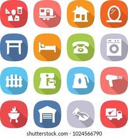 flat vector icon set - architector vector, trailer, home, mirror, stool, bed, phone, washing machine, fence, coffee maker, kettle, hair dryer, bbq, garage, wiping, call cleaning