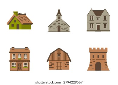 Flat vector icon set for architecture and buildings, representing traditional house, church, rural barn, and castle structures.