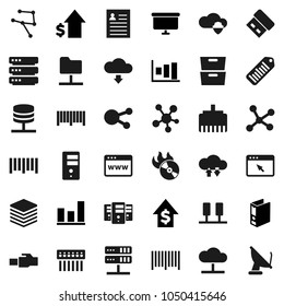 Flat vector icon set - archive vector, personal information, graph, dollar growth, binder, presentation board, barcode, music hit, social media, network, server, folder, cloud, shield, exchange, hub