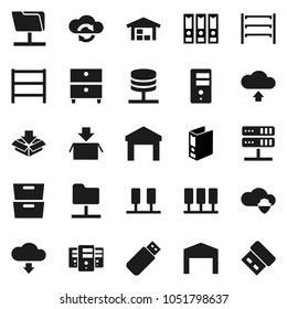 Flat vector icon set - archive vector, binder, warehouse, shelving, server, network folder, cloud shield, exchange, upload, download, barn, package, usb