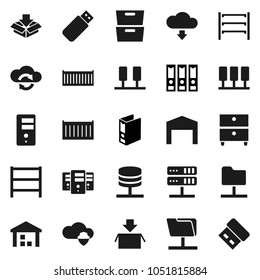 Flat vector icon set - archive vector, binder, sea container, warehouse, shelving, server, network folder, cloud shield, exchange, download, barn, package, usb