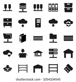 Flat vector icon set - archive vector, binder, sea container, warehouse, shelving, server, network folder, cloud shield, exchange, upload, download, barn, package, usb