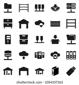 Flat vector icon set - archive vector, binder, sea container, warehouse, shelving, server, network folder, cloud shield, exchange, download, barn, package, usb
