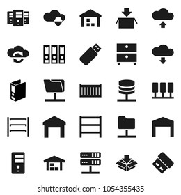 Flat vector icon set - archive vector, binder, sea container, warehouse, shelving, server, network folder, cloud shield, exchange, upload, download, barn, package, usb