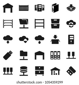 Flat vector icon set - archive vector, binder, sea container, warehouse, shelving, server, network folder, cloud shield, exchange, upload, download, barn, package, usb
