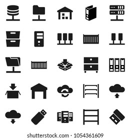 Flat vector icon set - archive vector, binder, sea container, warehouse, shelving, server, network folder, cloud exchange, upload, download, package, usb