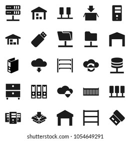 Flat vector icon set - archive vector, binder, sea container, warehouse, shelving, server, network folder, cloud shield, exchange, download, barn, package, usb