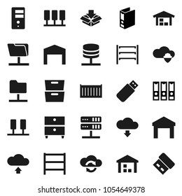 Flat vector icon set - archive vector, binder, sea container, warehouse, shelving, server, network folder, cloud shield, exchange, upload, download, barn, package, usb