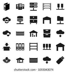 Flat vector icon set - archive vector, binder, sea container, warehouse, shelving, server, network folder, cloud shield, exchange, upload, download, barn, package, usb