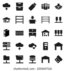 Flat vector icon set - archive vector, binder, sea container, warehouse, shelving, server, network folder, cloud shield, upload, download, barn, package, usb