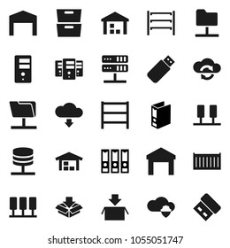 Flat vector icon set - archive vector, binder, sea container, warehouse, shelving, server, network folder, cloud shield, exchange, download, barn, package, usb