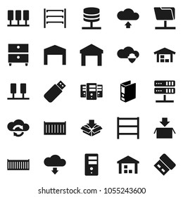 Flat vector icon set - archive vector, binder, sea container, warehouse, shelving, server, network folder, cloud shield, exchange, upload, download, barn, package, usb