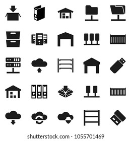 Flat vector icon set - archive vector, binder, sea container, warehouse, shelving, server, network folder, cloud shield, exchange, upload, download, barn, package, usb