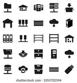 Flat vector icon set - archive vector, binder, sea container, warehouse, shelving, server, network folder, cloud exchange, upload, download, barn, package, usb