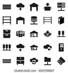 Flat vector icon set - archive vector, binder, sea container, warehouse, shelving, server, network folder, cloud shield, exchange, upload, download, barn, package, usb