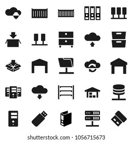 Flat vector icon set - archive vector, binder, sea container, warehouse, shelving, server, network folder, cloud shield, exchange, upload, download, barn, package, usb