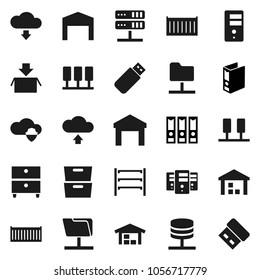 Flat vector icon set - archive vector, binder, sea container, warehouse, shelving, server, network folder, cloud shield, upload, download, barn, package, usb