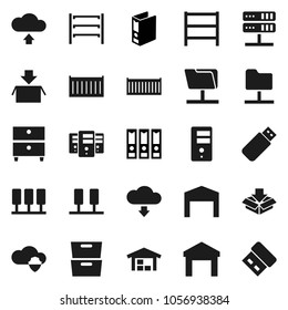 Flat vector icon set - archive vector, binder, sea container, warehouse, shelving, server, network folder, cloud shield, upload, download, barn, package, usb