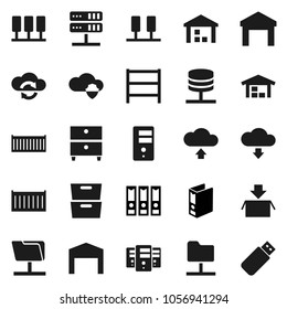 Flat vector icon set - archive vector, binder, sea container, warehouse, shelving, server, network folder, cloud shield, exchange, upload, download, barn, package, usb