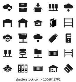 Flat vector icon set - archive vector, binder, sea container, warehouse, shelving, server, network folder, cloud shield, exchange, upload, download, barn, package, usb