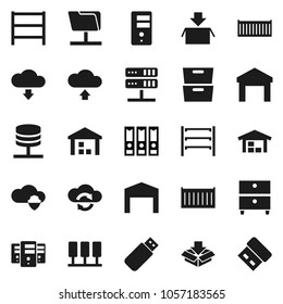 Flat vector icon set - archive vector, binder, sea container, warehouse, shelving, server, network folder, cloud shield, exchange, upload, download, barn, package, usb