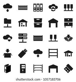 Flat vector icon set - archive vector, binder, sea container, warehouse, shelving, server, network folder, cloud shield, exchange, upload, download, barn, package, usb