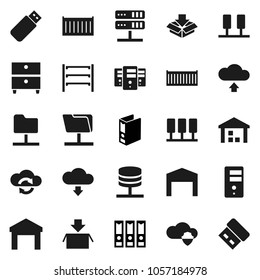Flat vector icon set - archive vector, binder, sea container, warehouse, shelving, server, network folder, cloud shield, exchange, upload, download, barn, package, usb