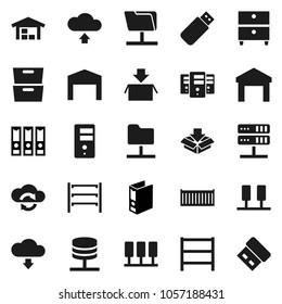 Flat vector icon set - archive vector, binder, sea container, warehouse, shelving, server, network folder, cloud exchange, upload, download, barn, package, usb