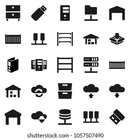 Flat vector icon set - archive vector, binder, warehouse, shelving, server, network folder, cloud shield, exchange, upload, download, barn, package, usb