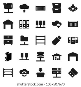Flat vector icon set - archive vector, binder, sea container, warehouse, shelving, server, network folder, cloud shield, exchange, upload, barn, package, usb
