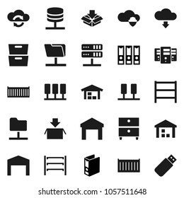 Flat vector icon set - archive vector, binder, sea container, warehouse, shelving, server, network folder, cloud shield, exchange, download, barn, package, usb