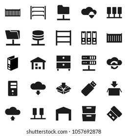 Flat vector icon set - archive vector, binder, sea container, warehouse, shelving, server, network folder, cloud shield, exchange, upload, download, barn, package, usb
