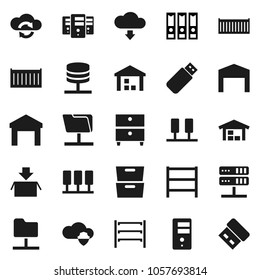 Flat vector icon set - archive vector, binder, sea container, warehouse, shelving, server, network folder, cloud shield, exchange, download, barn, package, usb