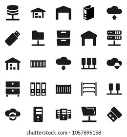 Flat vector icon set - archive vector, binder, sea container, warehouse, shelving, server, network folder, cloud shield, exchange, upload, download, barn, usb