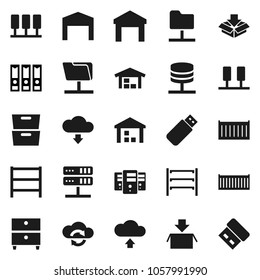 Flat vector icon set - archive vector, binder, sea container, warehouse, shelving, server, network folder, cloud exchange, upload, download, barn, package, usb