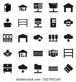 Flat vector icon set - archive vector, binder, sea container, warehouse, shelving, server, network folder, cloud shield, exchange, upload, download, barn, package, usb