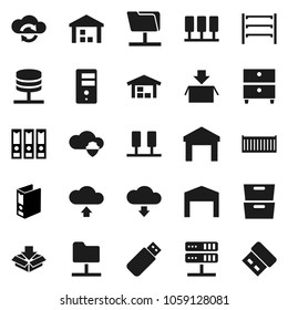 Flat vector icon set - archive vector, binder, sea container, warehouse, shelving, server, network folder, cloud shield, exchange, upload, download, barn, package, usb