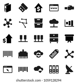 Flat vector icon set - archive vector, graph, dollar growth, binder, presentation board, barcode, social media, network, server, cloud, shield, exchange, browser, lan connector, usb