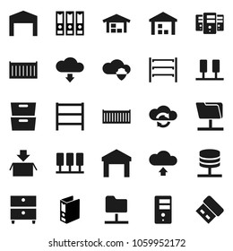 Flat vector icon set - archive vector, binder, sea container, warehouse, shelving, server, network folder, cloud shield, exchange, upload, download, barn, package, usb
