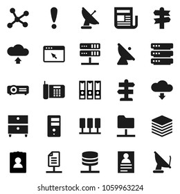 Flat vector icon set - archive vector, personal information, binder, signpost, attention, satellite antenna, newspaper, network, server, folder, big data, browser, cloud upload, download, document