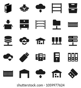 Flat vector icon set - archive vector, binder, sea container, warehouse, shelving, server, network folder, cloud shield, exchange, upload, download, barn, package, usb