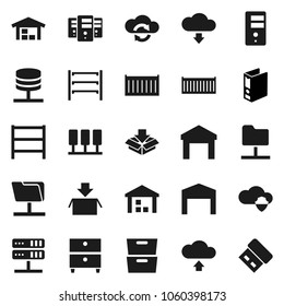 Flat vector icon set - archive vector, binder, sea container, warehouse, shelving, server, network folder, cloud shield, exchange, upload, download, barn, package, usb