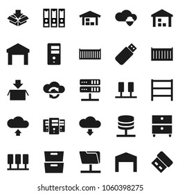 Flat vector icon set - archive vector, binder, sea container, warehouse, shelving, server, network folder, cloud shield, exchange, upload, download, barn, package, usb