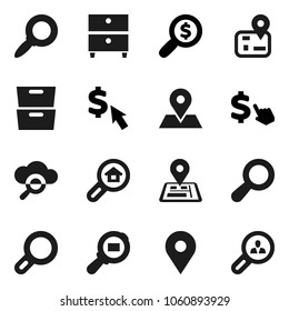 Flat vector icon set - archive vector, magnifier, money search, dollar cursor, navigator, map pin, cargo, cloud glass, estate, client