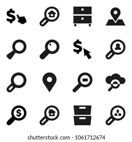 Flat vector icon set - archive vector, money search, dollar cursor, map pin, cargo, magnifier, cloud glass, estate, client