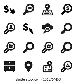 Flat vector icon set - archive vector, magnifier, money search, dollar cursor, navigator, map pin, cargo, cloud glass, estate, client