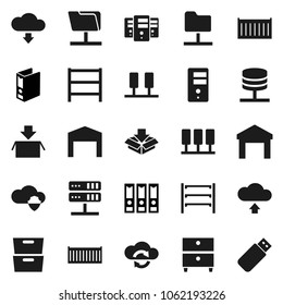 Flat vector icon set - archive vector, binder, sea container, warehouse, shelving, server, network folder, cloud shield, exchange, upload, download, barn, package, usb