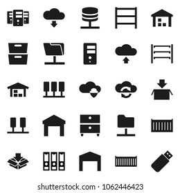 Flat vector icon set - archive vector, binder, sea container, warehouse, shelving, server, network folder, cloud shield, exchange, upload, download, barn, package, usb