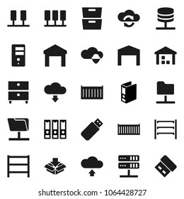Flat vector icon set - archive vector, binder, sea container, warehouse, shelving, server, network folder, cloud shield, exchange, upload, download, barn, package, usb